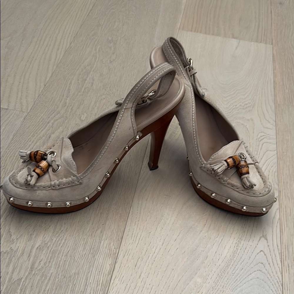 Gucci Authentic Horsebit Tassel Heels - Suede Beige